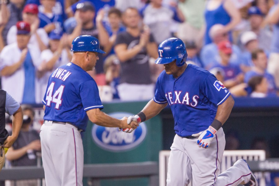 Texas Rangers right fielder Nomar Mazara rounds the bases after hitting a home run during the MLB American League game between the Texas Rangers and the Kansas City Royals at Kauffman Stadium in Kansas City Missouri