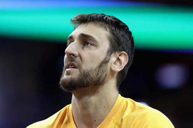 Andrew Bogut #12 of the Golden State Warriors warms up prior to Game 4 of the 2016 NBA Finals against the Cleveland Cavaliers at Quicken Loans Arena