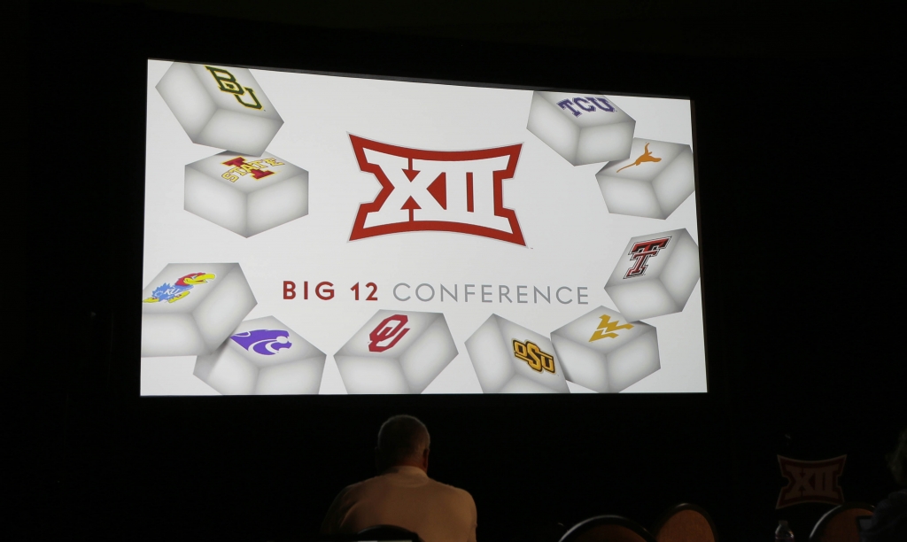 The Big 12 logo is shown during the Big 12 college football media days in Dallas Tuesday