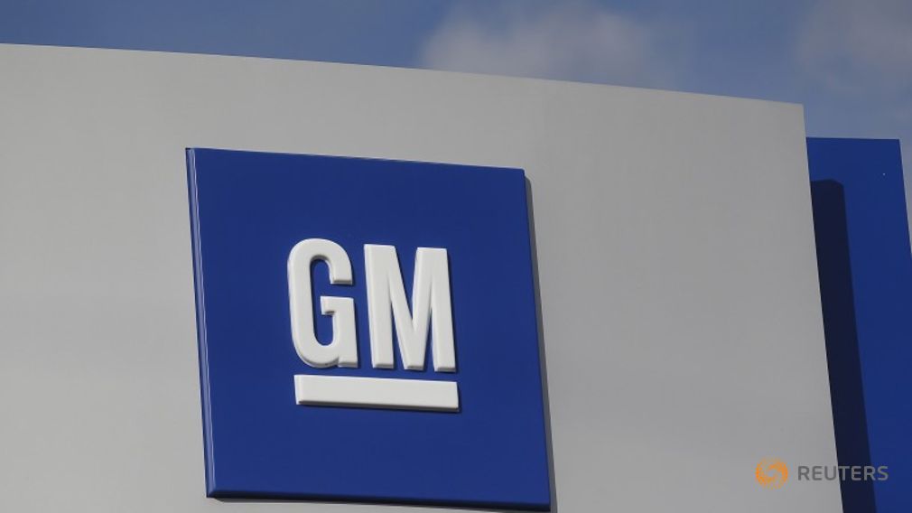 The GM logo is seen at the General Motors Warren Transmission Operations Plant in Warren Michigan