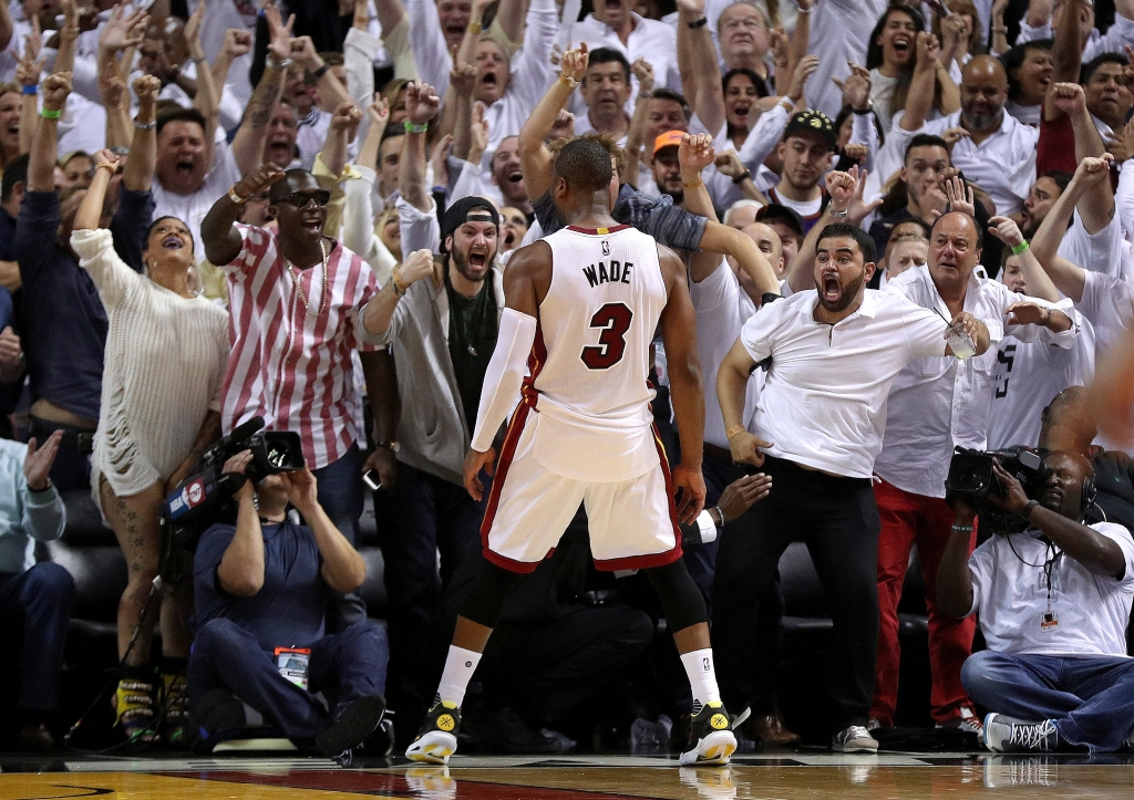 MIAMI FL- MAY 09 Dwyane Wade #3 of the Miami Heat celebrates winning Game 4 of the Eastern Conference Semifinals of the 2016 NBA Playoffs against the Toronto Raptors at American Airlines Arena