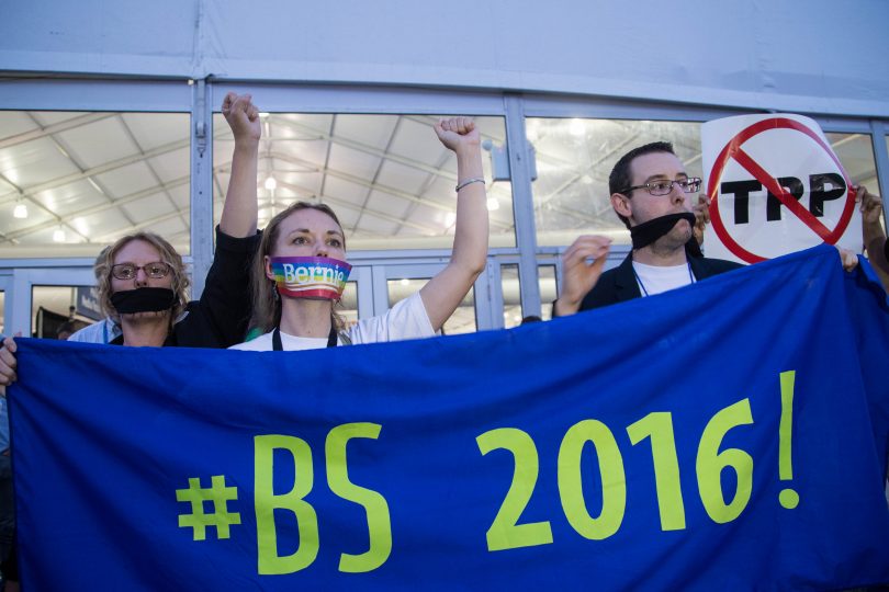 Vermont Senator Bernie Sanders&#039 supporters gather outside the media center at Wells Fargo Center to protest the Democratic presidential nomination of Hillary Clinton the first female presidential nominee by a major party on Tuesday night