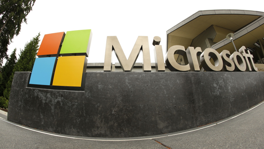 The Microsoft Corp. logo outside the Microsoft Visitor Center in Redmond