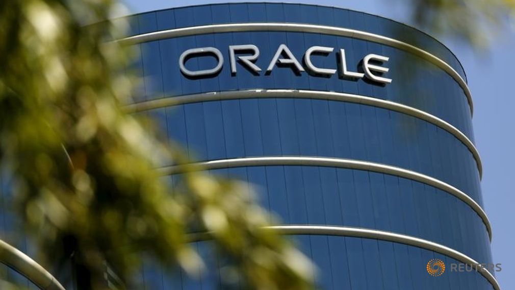 The Oracle logo is seen on its campus in Redwood City California