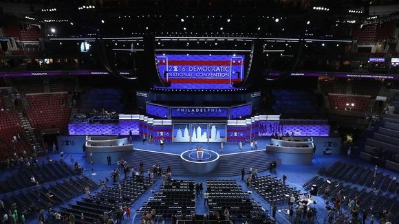 The Wells Fargo Center in Philadelphia is set up ahead of the start of the Democratic National Convention