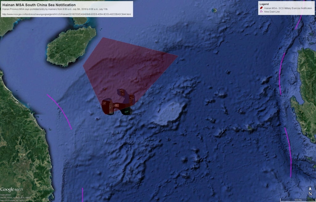 The coordinates provided by the Hainan MSA for the upcoming South China Sea exercise