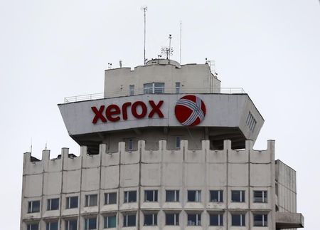 Logo of Xerox company is seen on building in Minsk