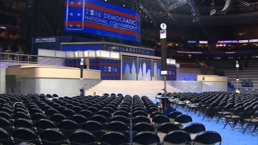 The stage is set for the start of the Democratic National Convention at the Wells Fargo Center in Philadelphia