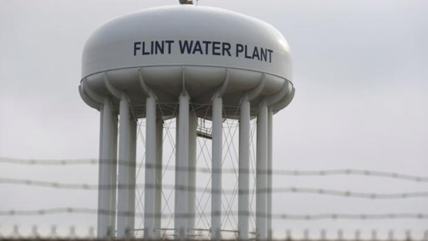 The top of the Flint Water Plant tower is seen in Flint Michigan