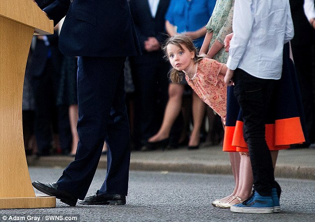 David Cameron makes an emotional farewell outside Downing Street this afternoon as his daughter Florence 5 leans forward as she holds hands with her mother Samantha sister Florence and brother Elwen