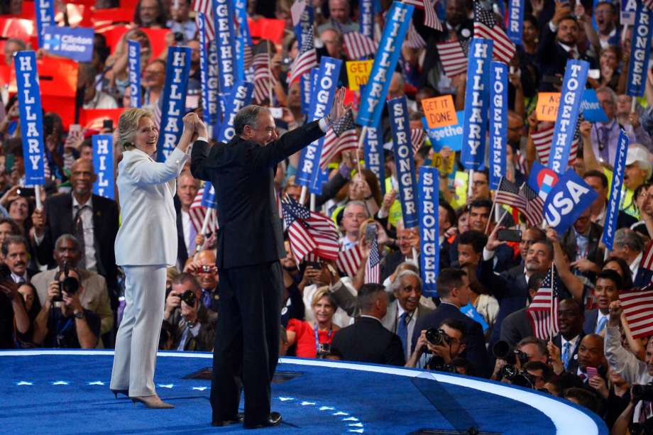 Democratic presidential nominee Hillary Clinton and her running mate Democratic vice presidential nominee Sen. Tim Kaine D-Va. wave to supporters at the conclusion of the Democratic National Convention in Philadelphia, Thursday