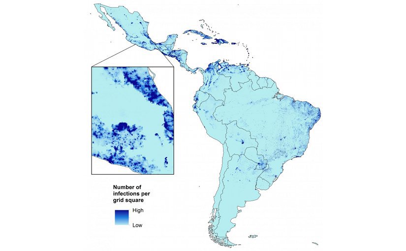 This is a map showing the projected number of Zika infections in childbearing women. Credit University of Southampton