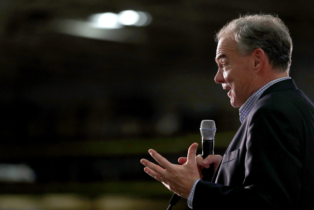 Democratic vice presidential nominee U.S. Sen Tim Kaine speaks during a campaign rally with democratic presidential nominee former Secretary of State Hillary Clinton at K'Nex a toy company