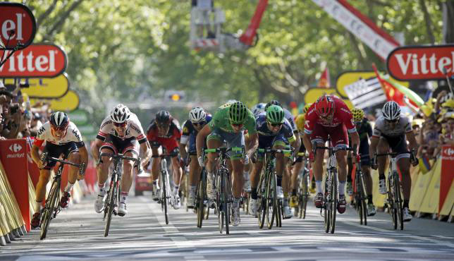 Tinkoff team rider Peter Sagan wins yesterday’s stage 16 event of the annual Tour de France on the line