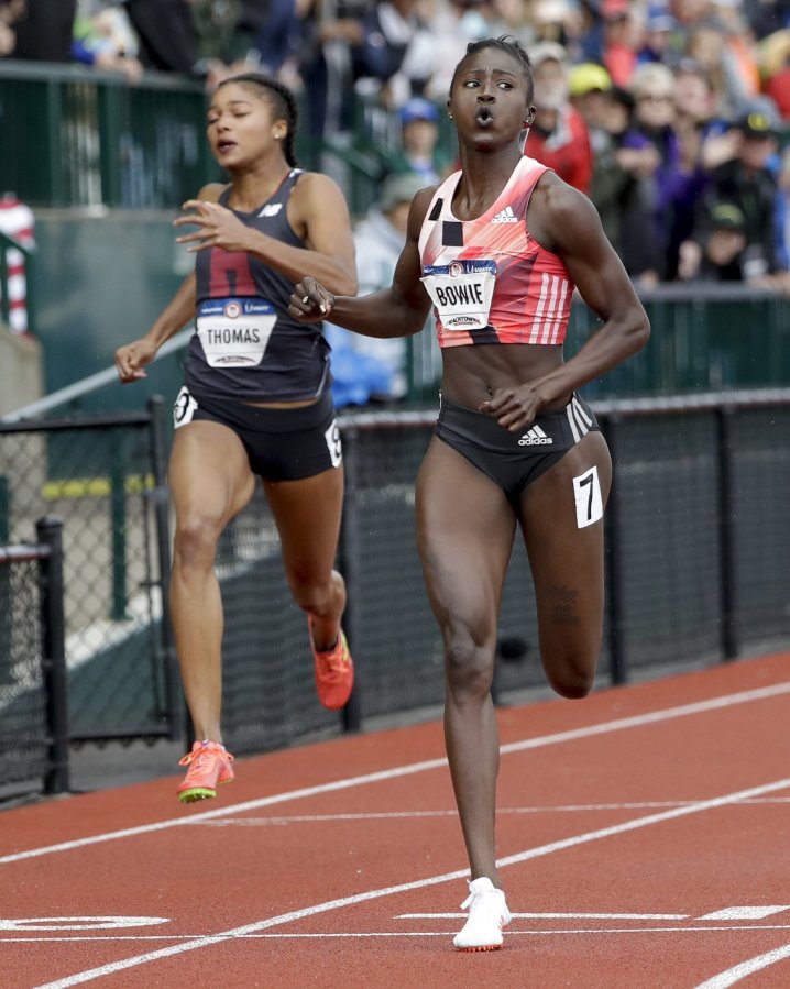 Tori Bowie wins in the finals of the women's 200-meter run at the U.S. Olympic Track and Field Trials on Sunday in Eugene Ore. Associated press