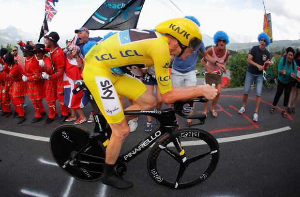 Chris Froome of Great Britain and Team Sky wears the yellow jersey as he rides during stage eighteen of the 2016 Le Tour de France from Sallanches to Megeve