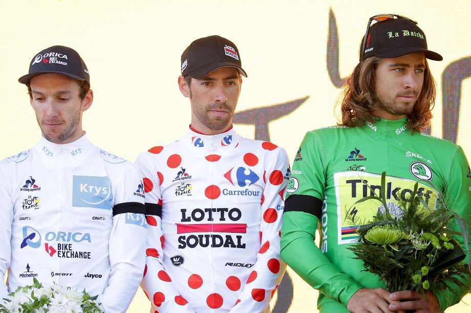 Adam Yates Thomas De Gendt and Peter Sagan wear black armbands to honor the victims of Nice