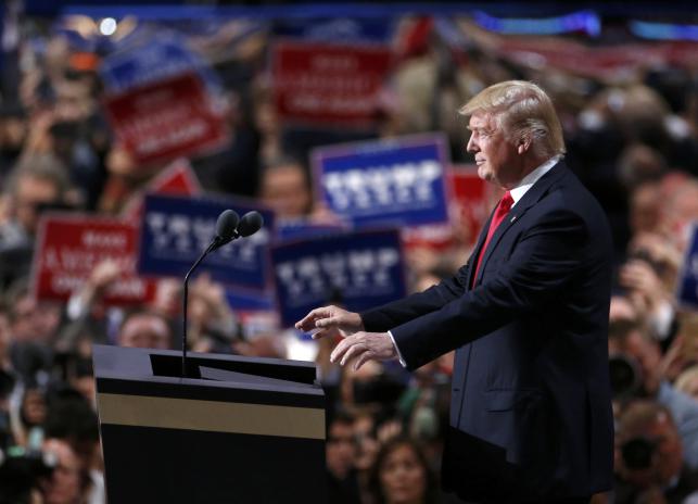 Republican US presidential nominee Donald Trump formally accepts the nomination at the Republican National Convention in Cleveland Ohio US on Thursday