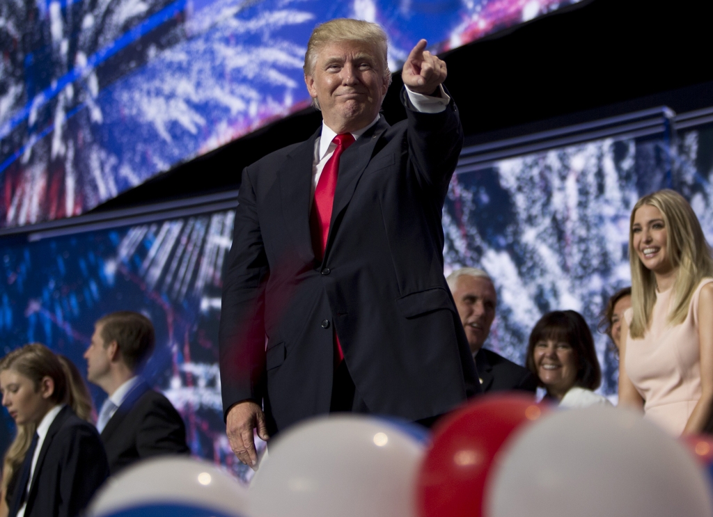 Republican presidential candidate Donald Trump points at the conclusion of the Republican National Convention