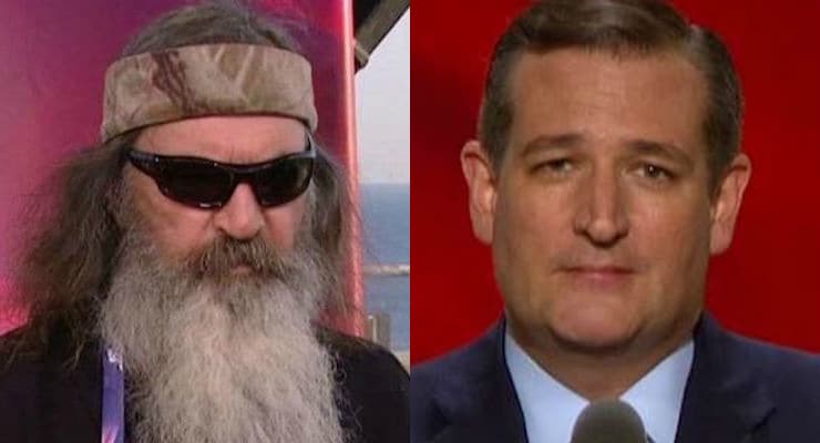 Duck Dynasty star Phil Robertson left speaks with the hosts of Fox and Friends. Sen. Ted Cruz right speaks to the Republican National Convention at the Quicken Loans Arena in Cleveland Ohio