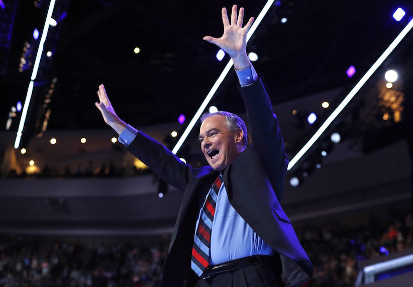 Democratic vice presidential candidate Sen. Tim Kaine D-Va. waves after speaking to delegates during the third day session of the Democratic National Convention in Philadelphia Wednesday