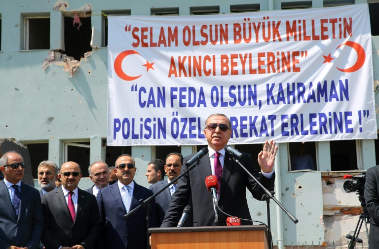 Turkish Presidential Office  AFP  Kayhan Ozer Turkish President Recep Tayyip Erdogan speaking at the Police Special Operation Department's Headquarters in Golbasi district of Ankara