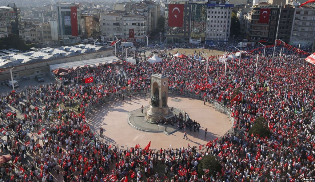 Supporters of various political parties gather in Istanbul's Taksim Square during a rally organized by main opposition Republican People's Party in Turkey