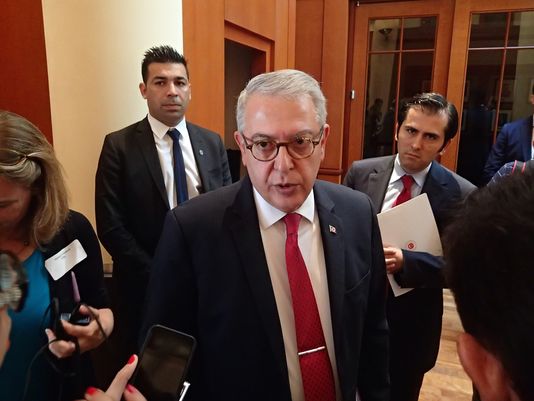 Turkish Ambassador Serdar Kilic talks to reporters