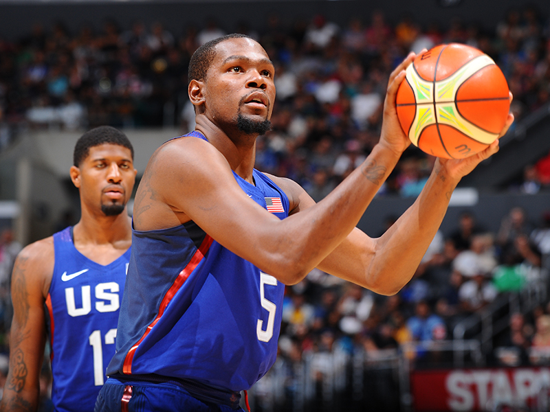 Kevin Durant #5 of the USA Basketball Men's National Team shoots a free throw against China