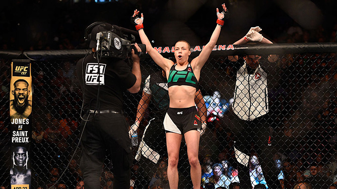 TAMPA FL- APRIL 16 Rose Namajunas enters the Octagon before facing Tecia Torres in their women's strawweight bout during the UFC Fight Night event at Amalie Arena