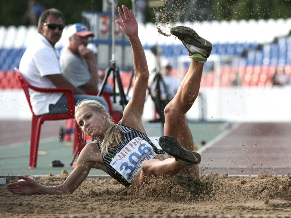 Darya Klishina from Russia competes in the women's long jump event at the National track and field championships at a stadium in Cheboksary Russia Tuesday