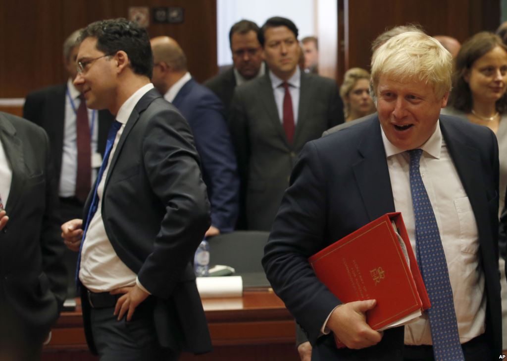 Newly appointed British Foreign Secretary Boris Johnson arrives for the EU foreign ministers meeting at the EU Council building in Brussels Belgium