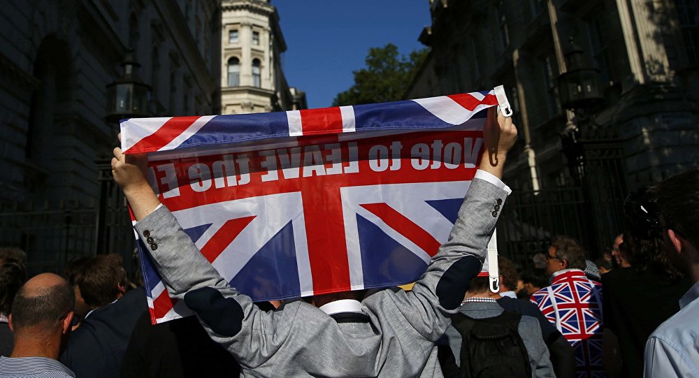 A vote leave supporter holds a Union flag following the result of the EU referendum outside Downing Street in London Britain