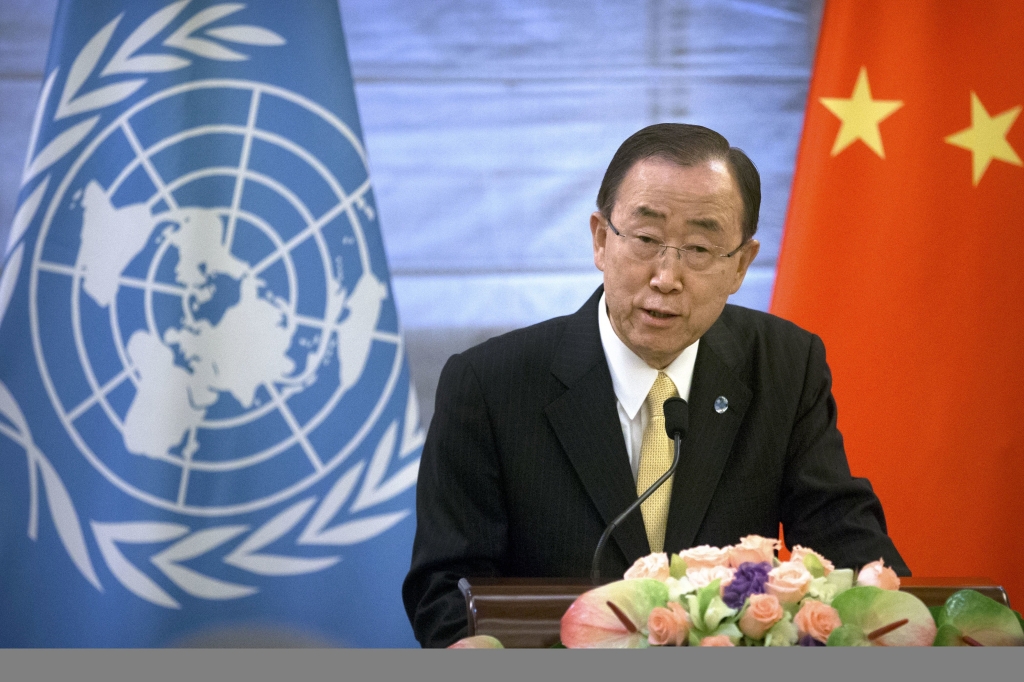 U.N. Secretary General Ban Ki-moon speaks during a joint press conference with Chinese Foreign Minister Wang Yi at the Diaoyutai State Guesthouse in Beijing Thursday