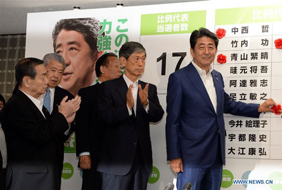 Japan's Prime Minister and leader of the ruling Liberal Democratic Party Shinzo Abe puts a rosette on the name of a candidate who is expected to win in the upper house election at the LDP headquarters in Tokyo Japan