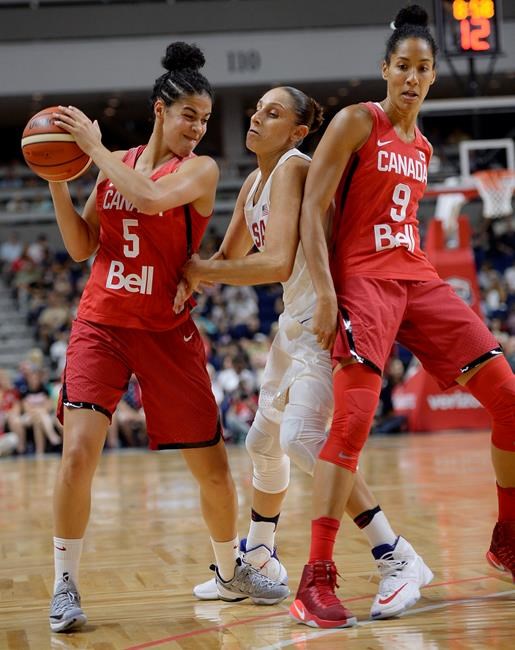 Canada's Kia Nurse left keeps the ball from United States&#39 Diana Taurasi center as Canada's Miranda Ayim right defends during the first half of an exhibition basketball game Friday