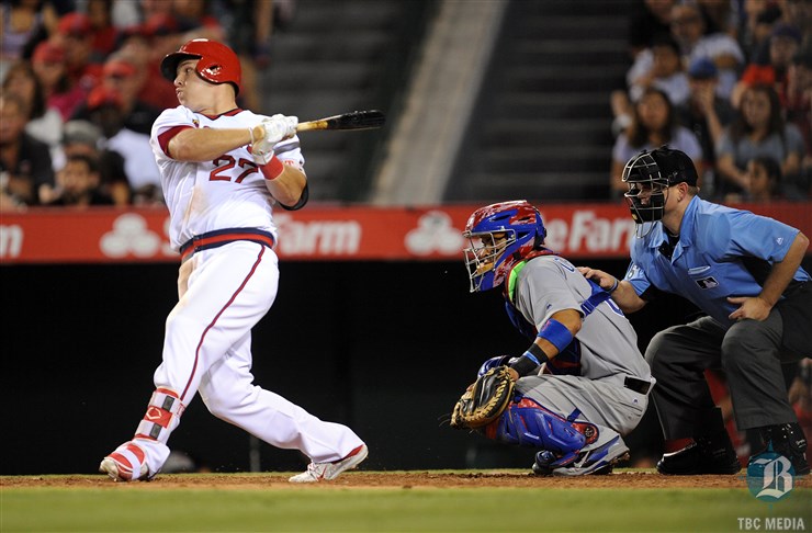 USA Today Sports   The Angels&#39 Mike Trout hits a single in the seventh inning against the Rangers at Angel Stadium of Anaheim on Wednesday