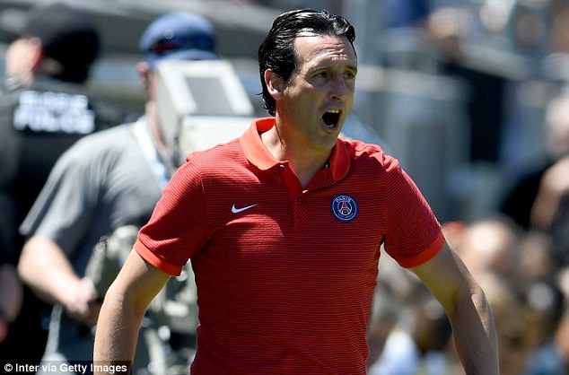 Unai Emery shouts orders from the touchline during PSG's victory over Inter Milan in a friendly on Sunday