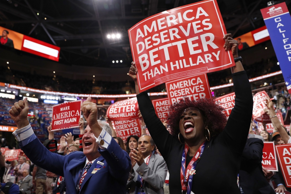 California delegate Shirley Hussar right and her fellow delegates cheer during the third day session of the Republican National Convention in Cleveland Wednesday