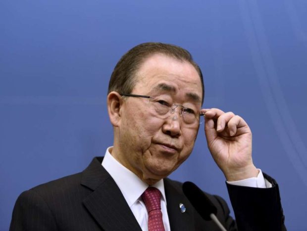 United Nations Secretary General Ban Ki-moon holds a joint news conference with Swedish Prime Minister Stefan Lofven at the Swedish Government headquarters Rosenbad in Stockholm