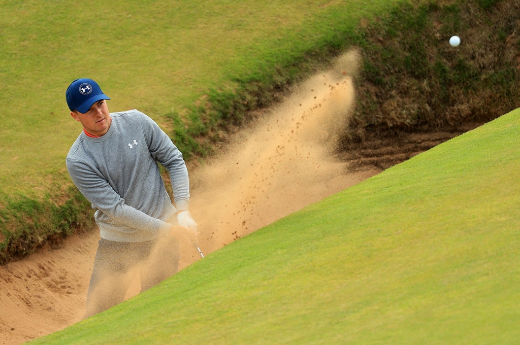 TROON SCOTLAND- JULY 13 Jordan Spieth of the United States plays a shot from a bunker on the 8th hole during a practice round ahead of the 145th British Open at Royal Troon