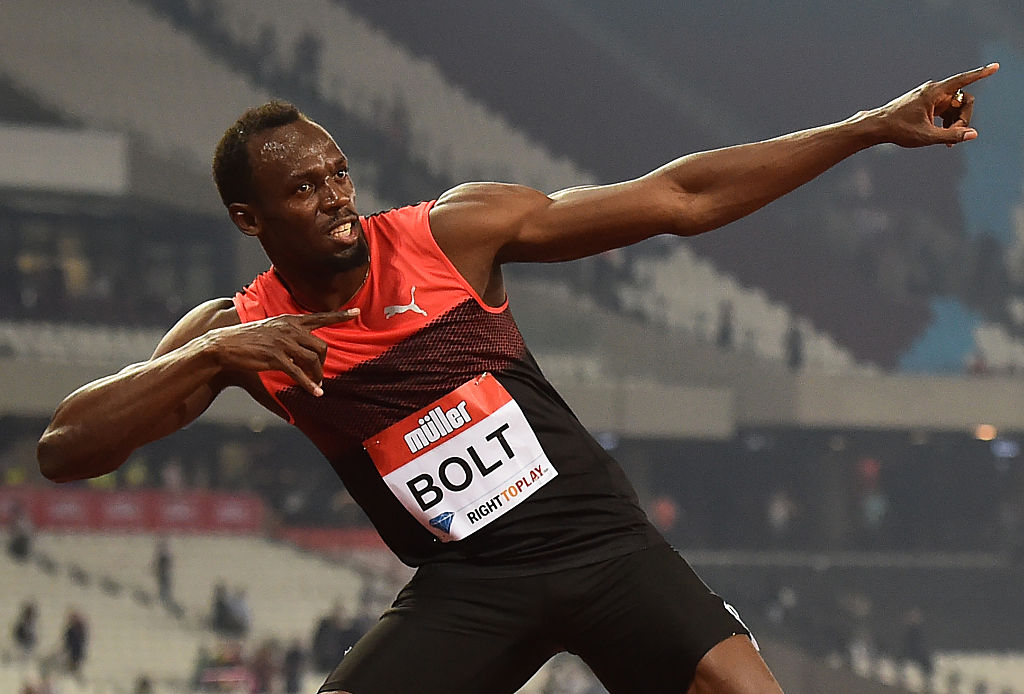 Jamaica's Usain Bolt creates his 'Lightening Bolt&#039 pose as he celebrates winning the men's 200m at the IAAF Diamond League Anniversary Games athletics meeting at the Queen Elizabeth Olympic Park stadium in Stratford east London on Jul