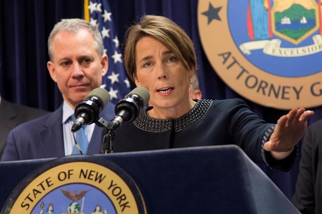 Massachusetts Attorney General Maura Healey right joined by New York Attorney General Eric Schneiderman discusses a lawsuit against Volkswagen Tuesday