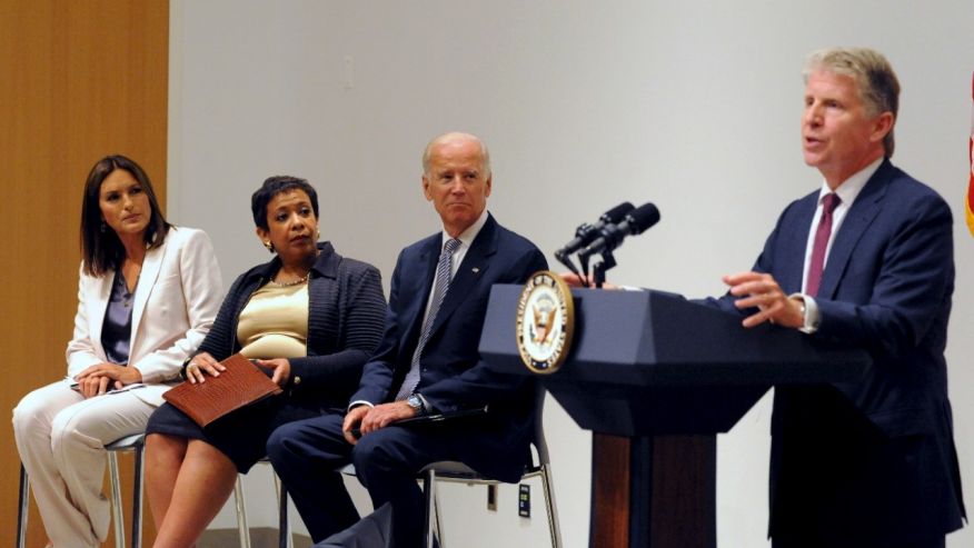 Manhattan District Attorney Cyrus R. Vance speaks at the podium as U.S. Vice President Joe Biden and U.S. Attorney General Loretta B. Lynch look on with actress Mariska Hargitay during an news conference in New York