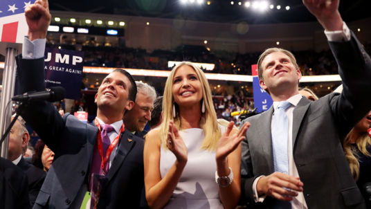 Donald Trump Jr Ivanka Trump and Eric Trump in the roll call in support of Republican presidential candidate Donald Trump