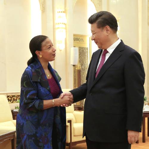 25 2016 U.S. National Security Advisor Susan Rice left and Chinese President Xi Jinping shake hands during their meeting at the Great Hall of the People in Beijing China. Rice told Chinese official