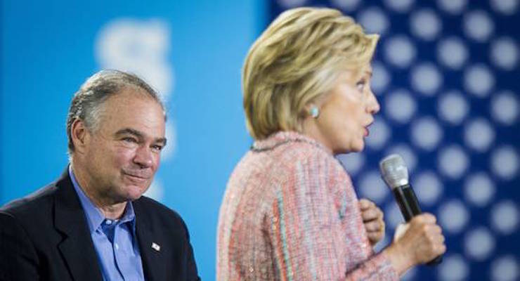 Virginia Sen. Tim Kaine left and Hillary Clinton right appear at an event together ahead of the Democratic National Convention