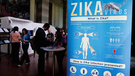 Material to prevent Zika infection by mosquitoes are displayed at the 69th World Health Assembly at the United Nations