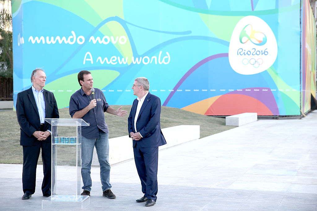 Rio de Janeiro Mayor Eduardo Paes addresses the media while visiting the site of the Olympic flame with Carlos Arthur Nuzman President of the Rio 2016 Organizing Committee and IOC President Thomas Bach