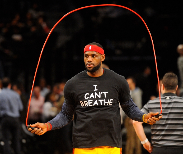 Dec 8 2014 Brooklyn NY USA Cleveland Cavaliers forward Le Bron James wears an' I Can't Breathe t-shirt during warm ups prior to the game against the Brooklyn Nets at Barclays Center. Mandatory Credit Robert Deutsch-USA TODAY Sports